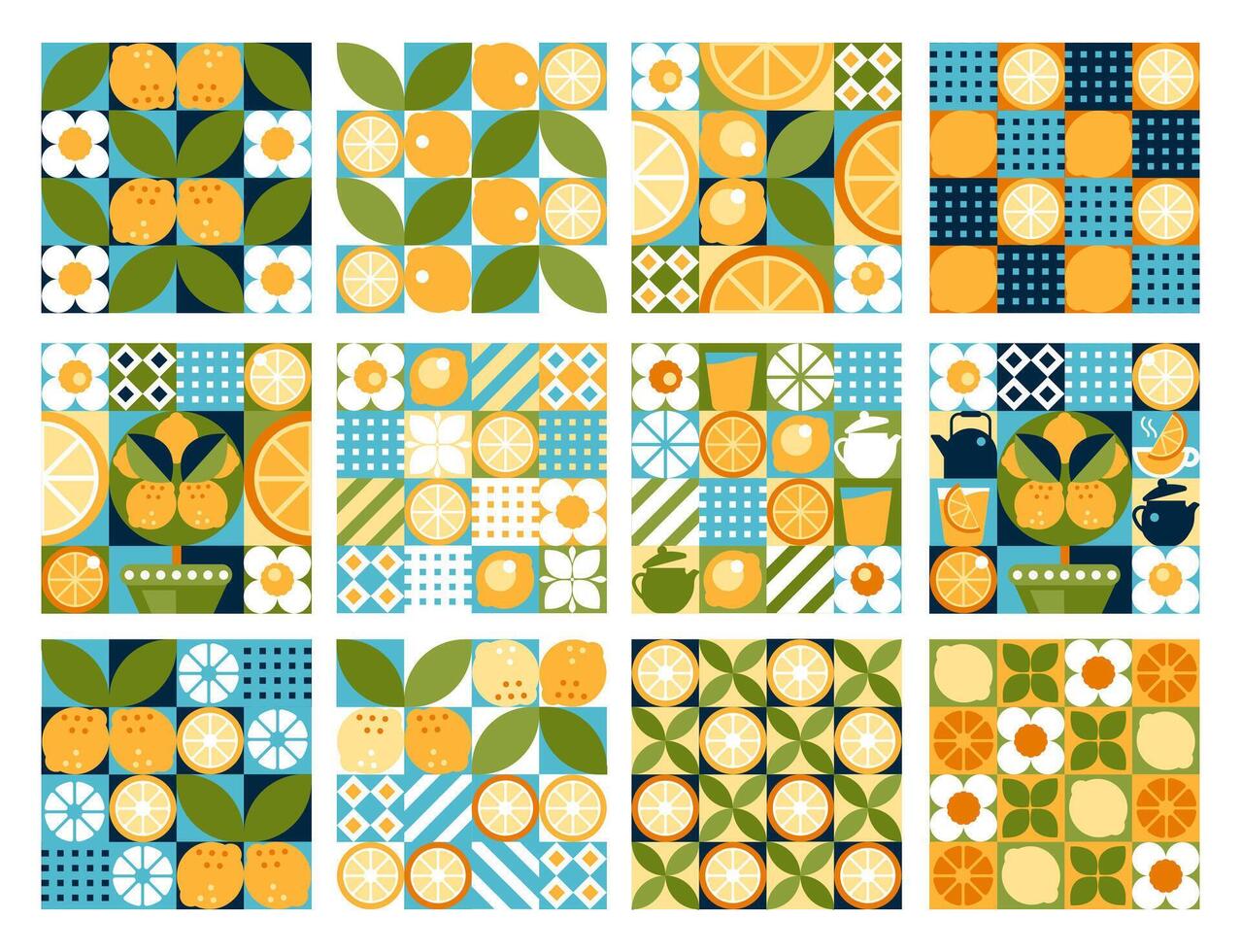 Set of Modern Lemon Patterns, Flat and Abstract Citrus Mosaic Design vector