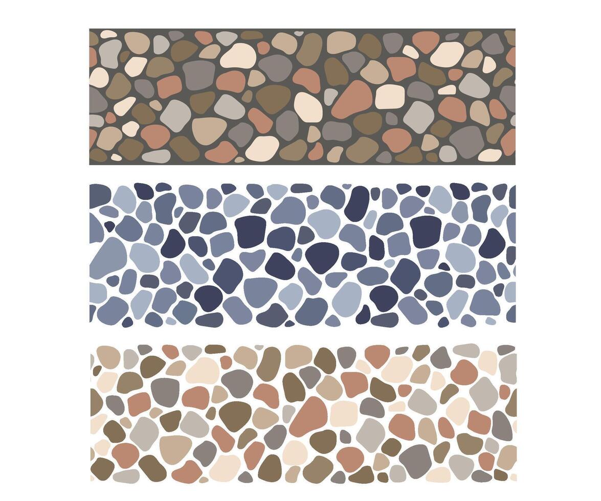Cobblestone mosaic seamless borders set, stone texture. abstract repeat background vector