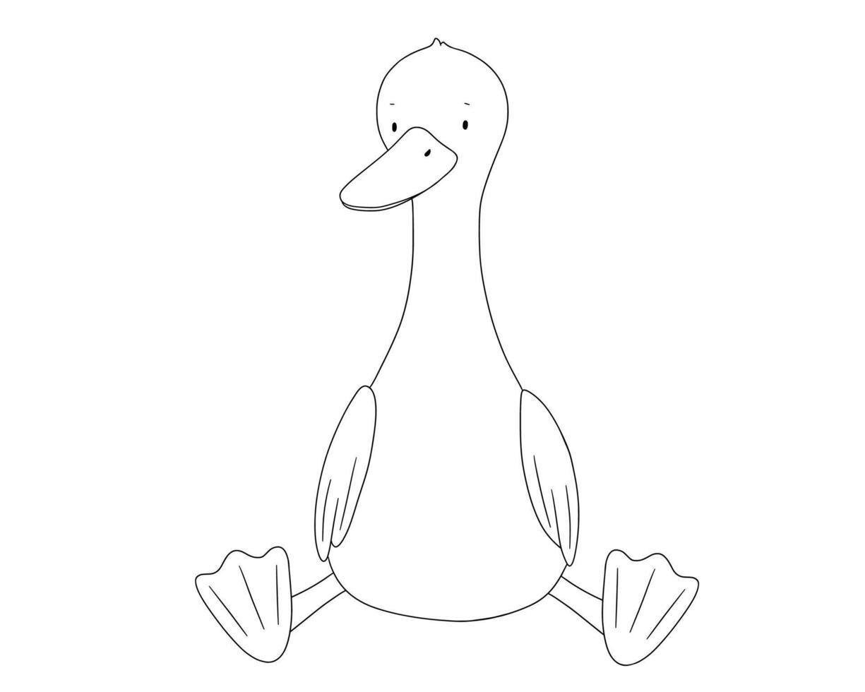Cute goose character, sitting animal, line art, hand drawn illustration for coloring book or page vector
