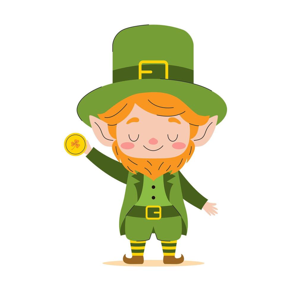 Cheerful Leprechaun with a gold coin. illustration. vector