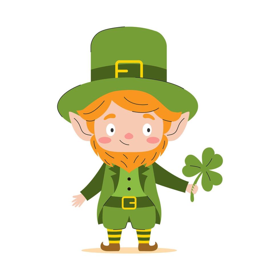Cute leprechaun with shamrock. illustration. vector