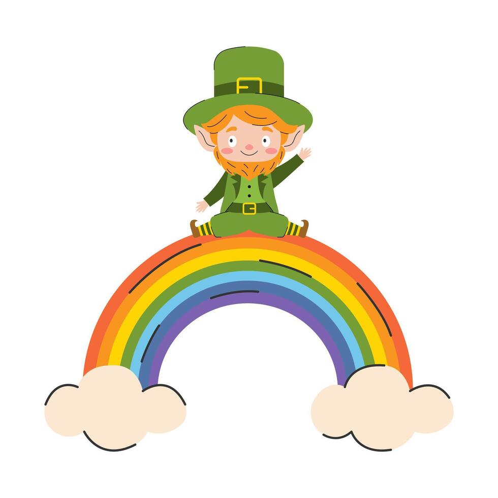 Cartoon leprechaun sitting on a rainbow. illustration. vector