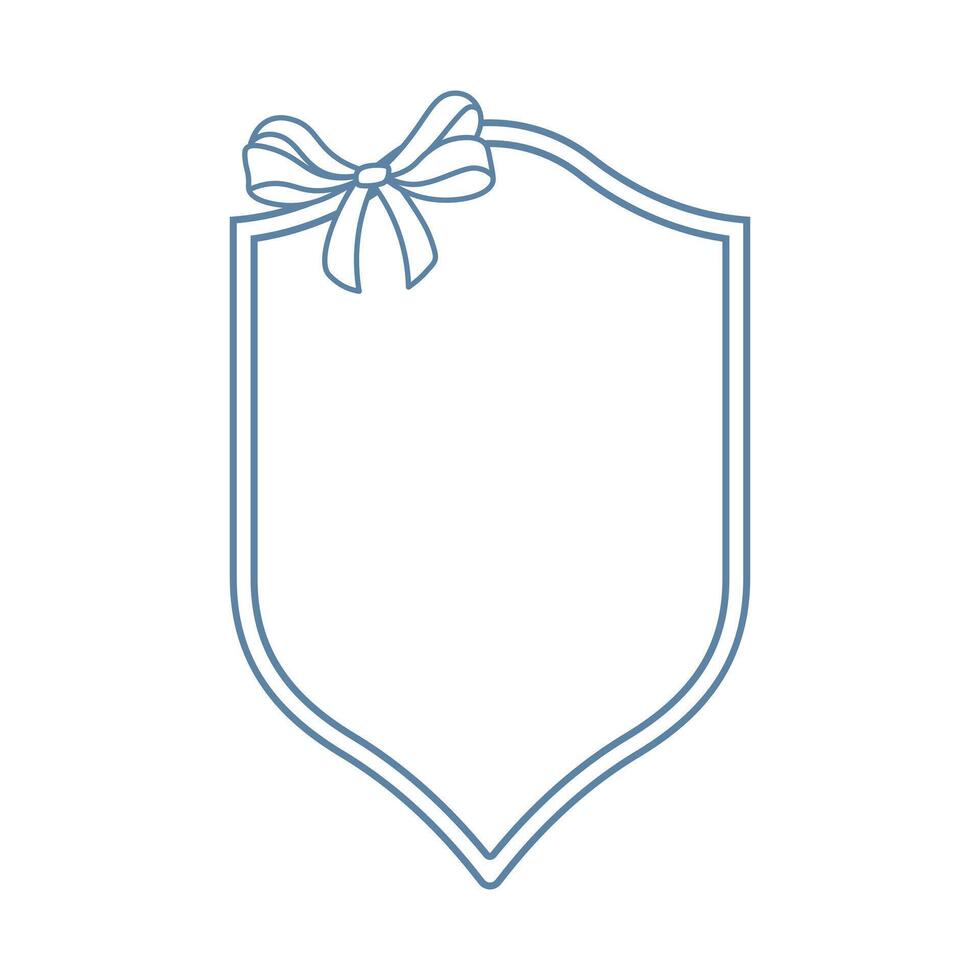 Wedding crests on white background. Minimalist outline of a shield with ribbon and bow monogram. Line art for wedding, monogram, invitation, greeting, logo, birthday cards vector