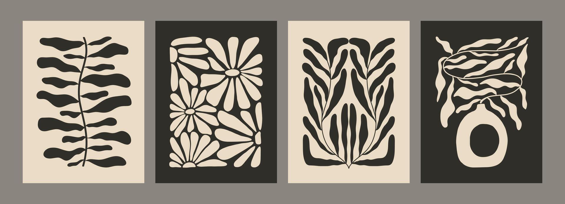 Trendy aestheticf posters with abstract groovy floral shape with flowers and leaves. Simple irregular wild plants. Black and White Naive funky prints for wall art. Boho summer illustrations vector