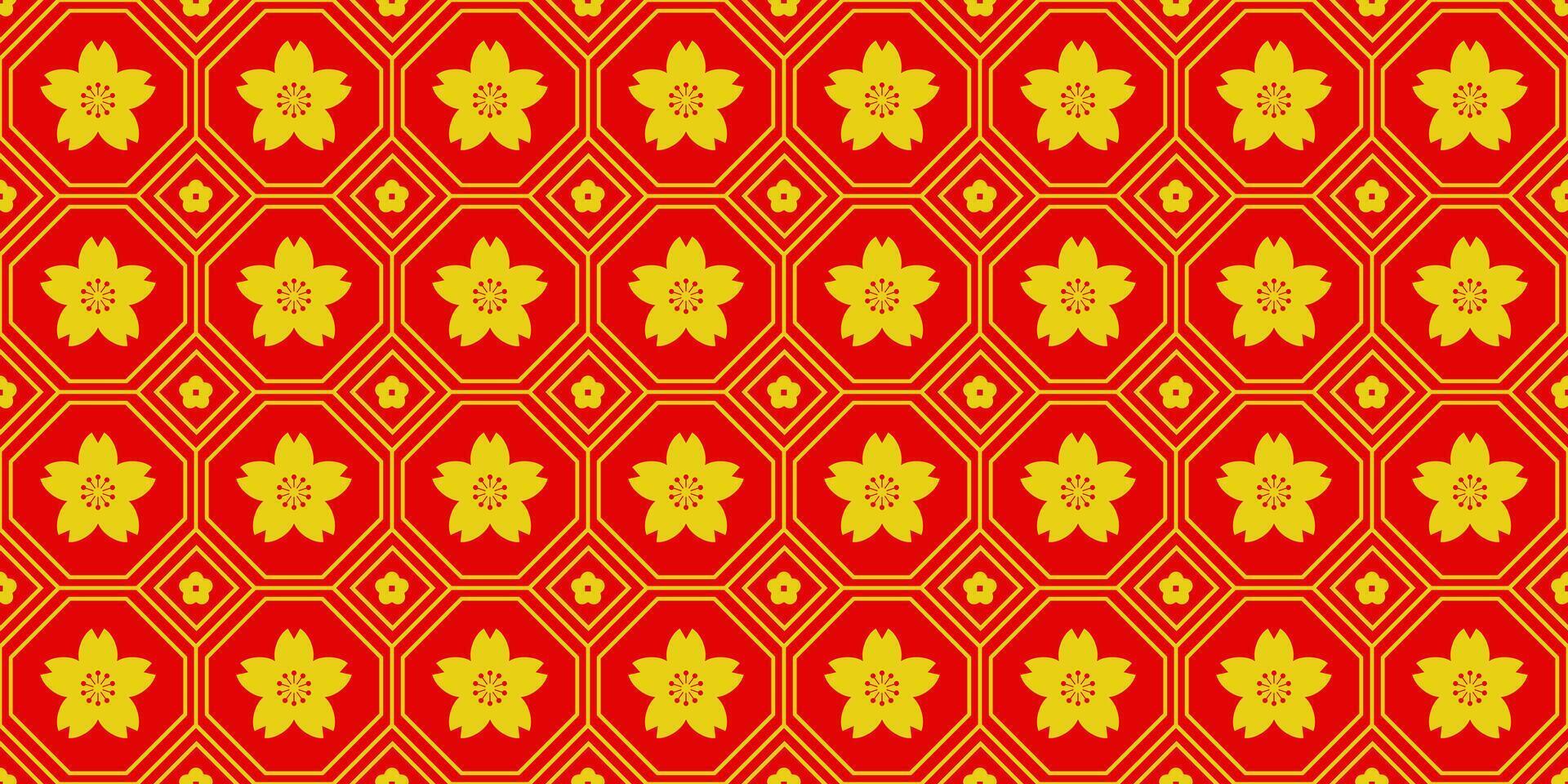 Geometric Asianf line art seamless pattern with oriental traditional shapes flowers ornament, waves. Red and gold Japanese print for lunar chinese new year decoration. Luxury retro illustration vector