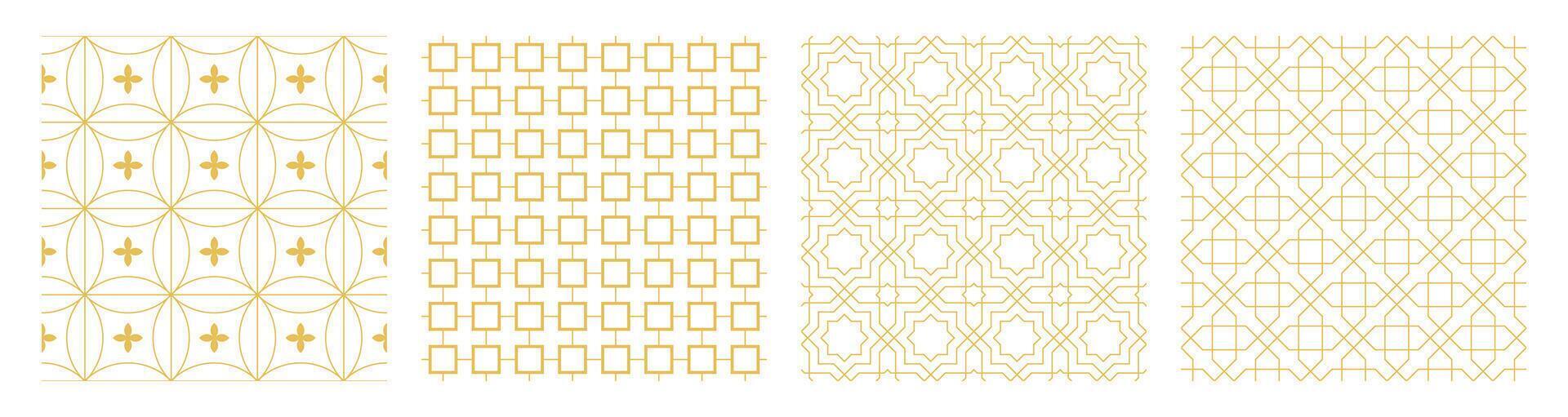 Collection of Arabics geometric mosaic printable seamless pattern with abstract Moroccan print in gold colors. Ramadan Kareem Traditional Islamic art Illustration background vector