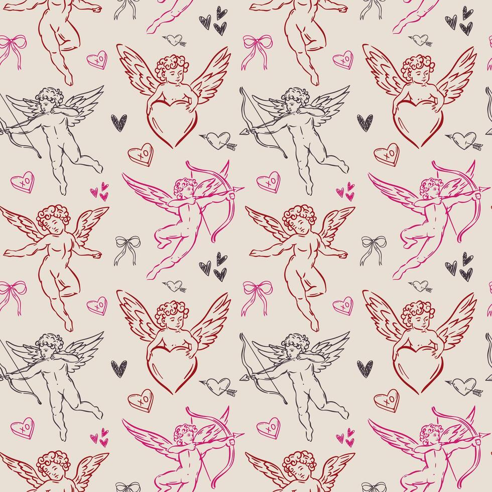 Whimsical hand-drawn loves aesthetic seamless pattern illustration in trendy vintage style. Perfect for quirky wedding holiday, dinner and bar menu, bachelorette party, birthday invitation, sign vector