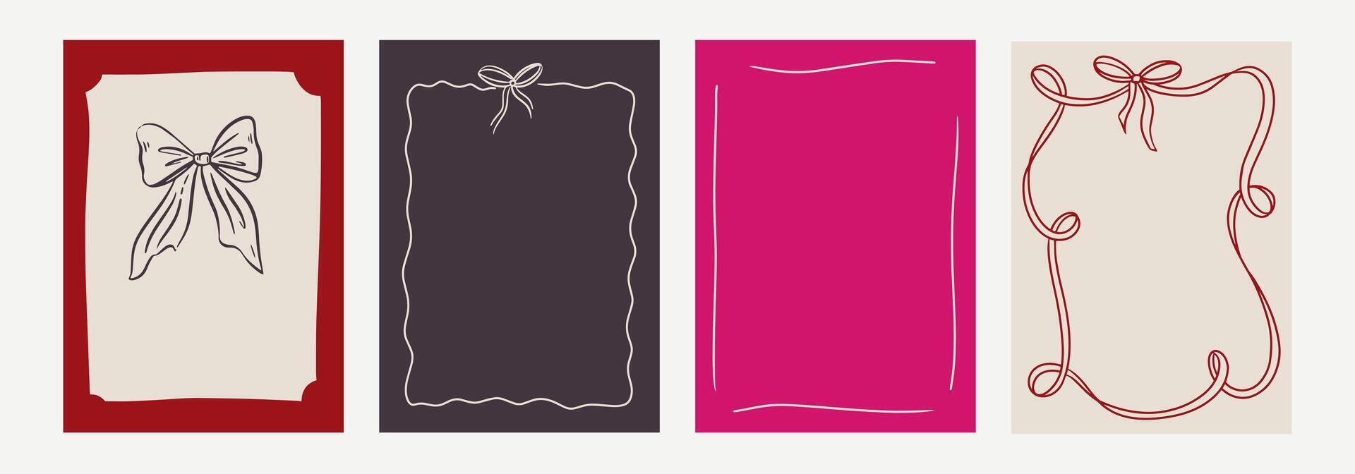 Set of elegants whimsical hand-drawn spring frames with wavy squiggle curly ribbons in trendy, vintage styles. Perfect for quirky holiday, wedding, bachelorette invitation vector