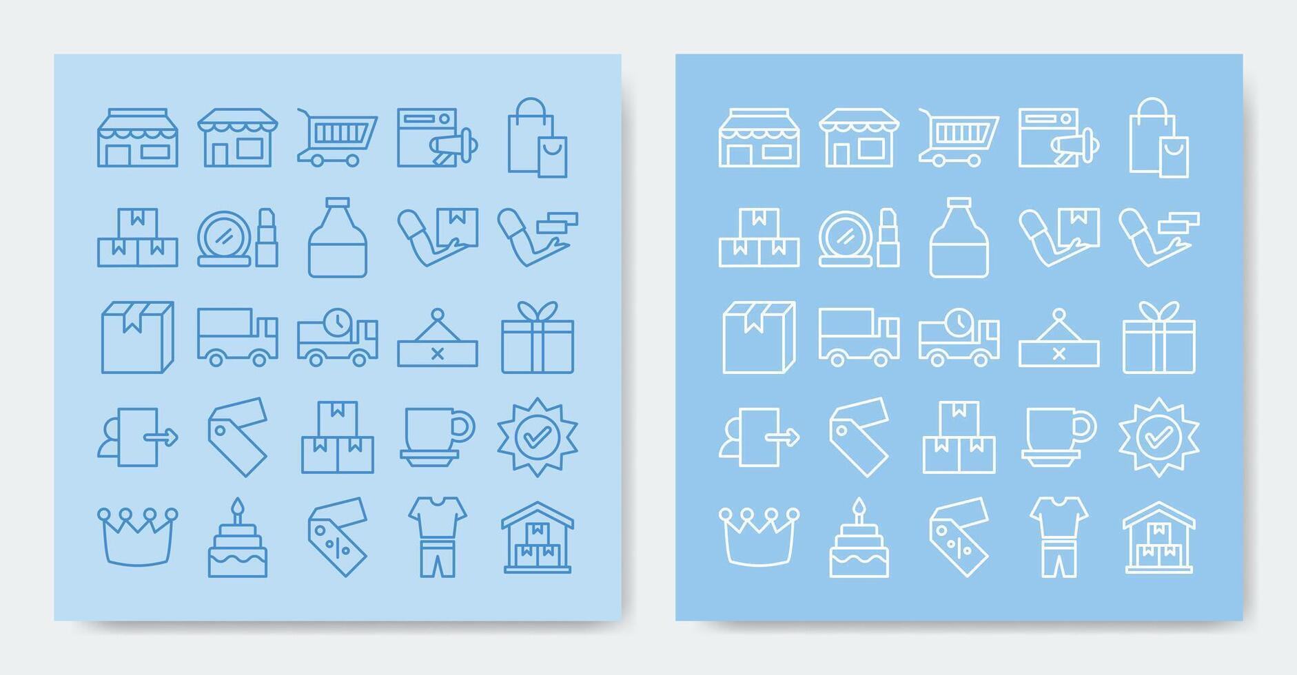 ecommerce icon set containing advertising, beauty, box, cake, coffee and more. outline style vector