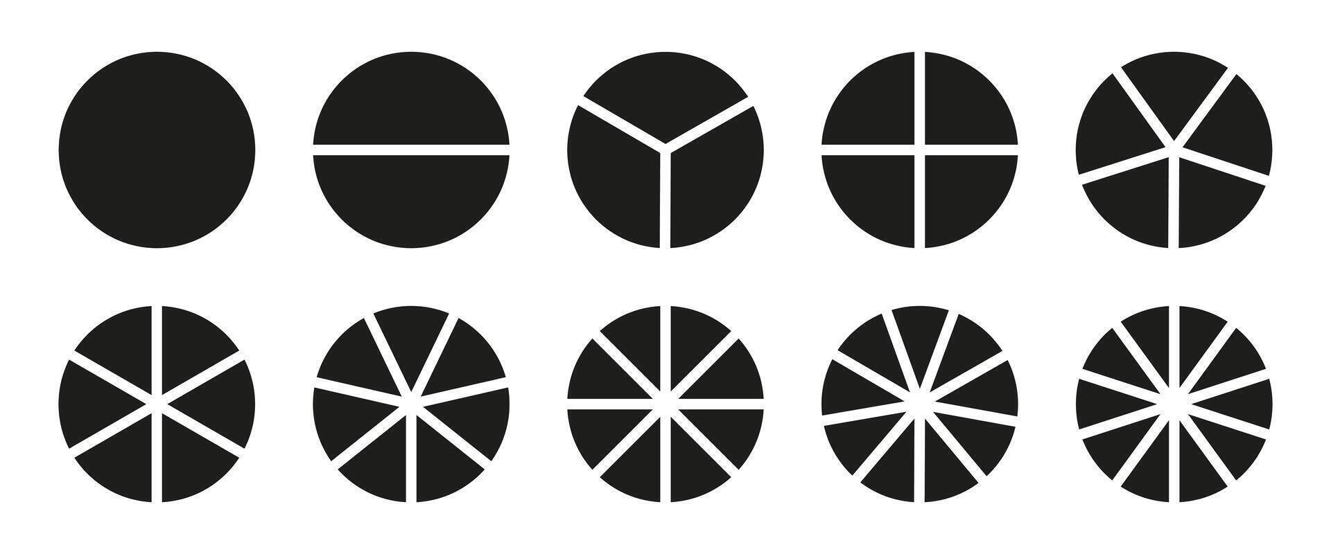 Pie chart. Segmented charts. Many number of sectors divide the circle on equal parts. Set of pie, pizza charts. Segments infographic. Diagram wheel parts. Coaching blank. vector