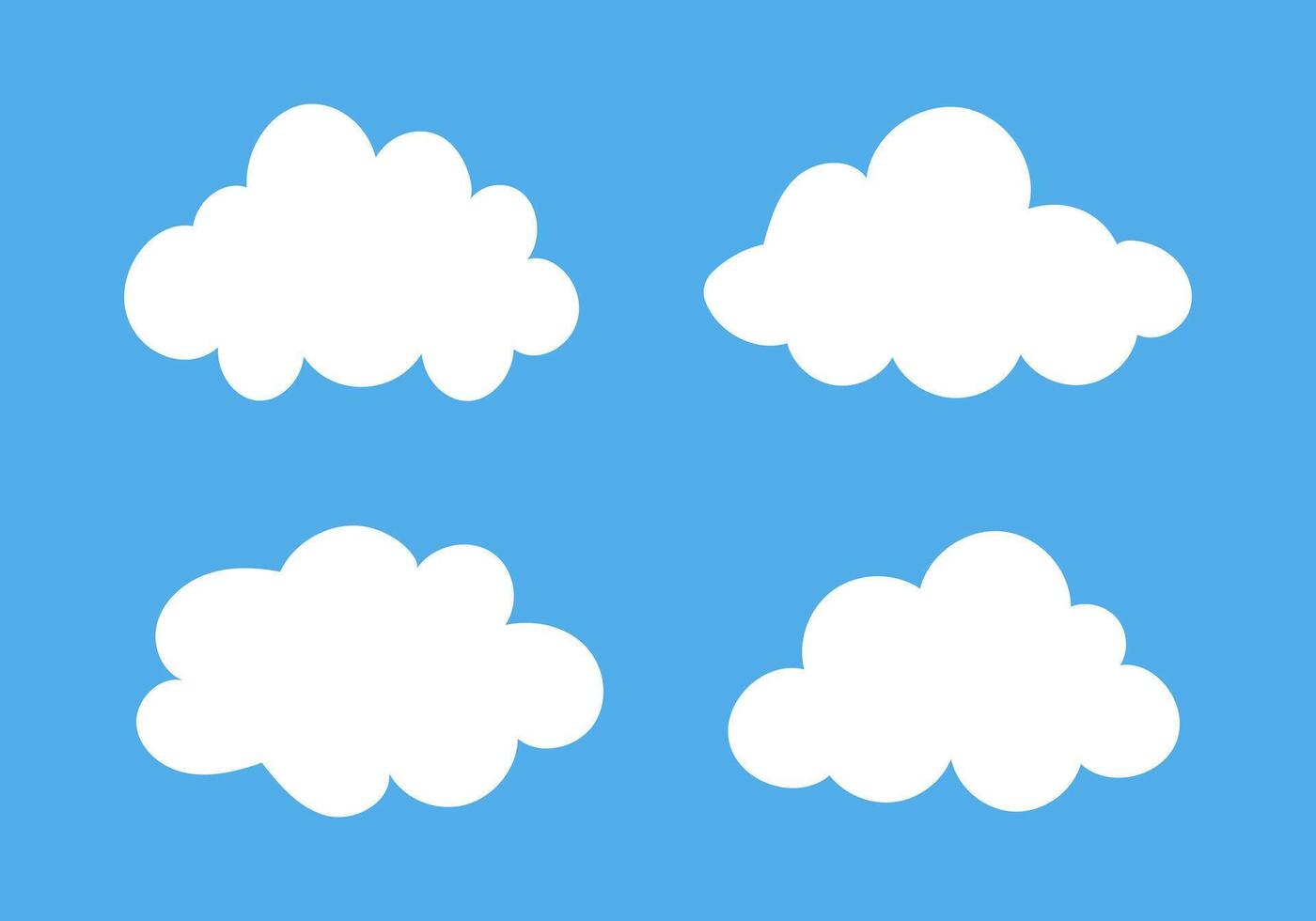 Flat clouds in blue sky background. White puffy, fluffy, cumulus clouds. Cloudy shapes mockup. Weather abstract elements template. Objects cloudscape layout. vector