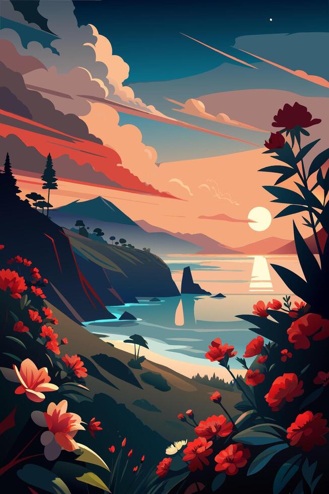 Majestic sunset over the sea with lush flowers and towering mountains vector