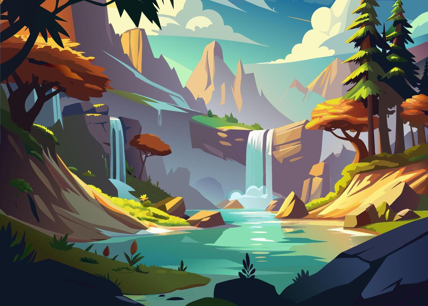 Majestic mountain landscape with waterfalls and lush greenery vector