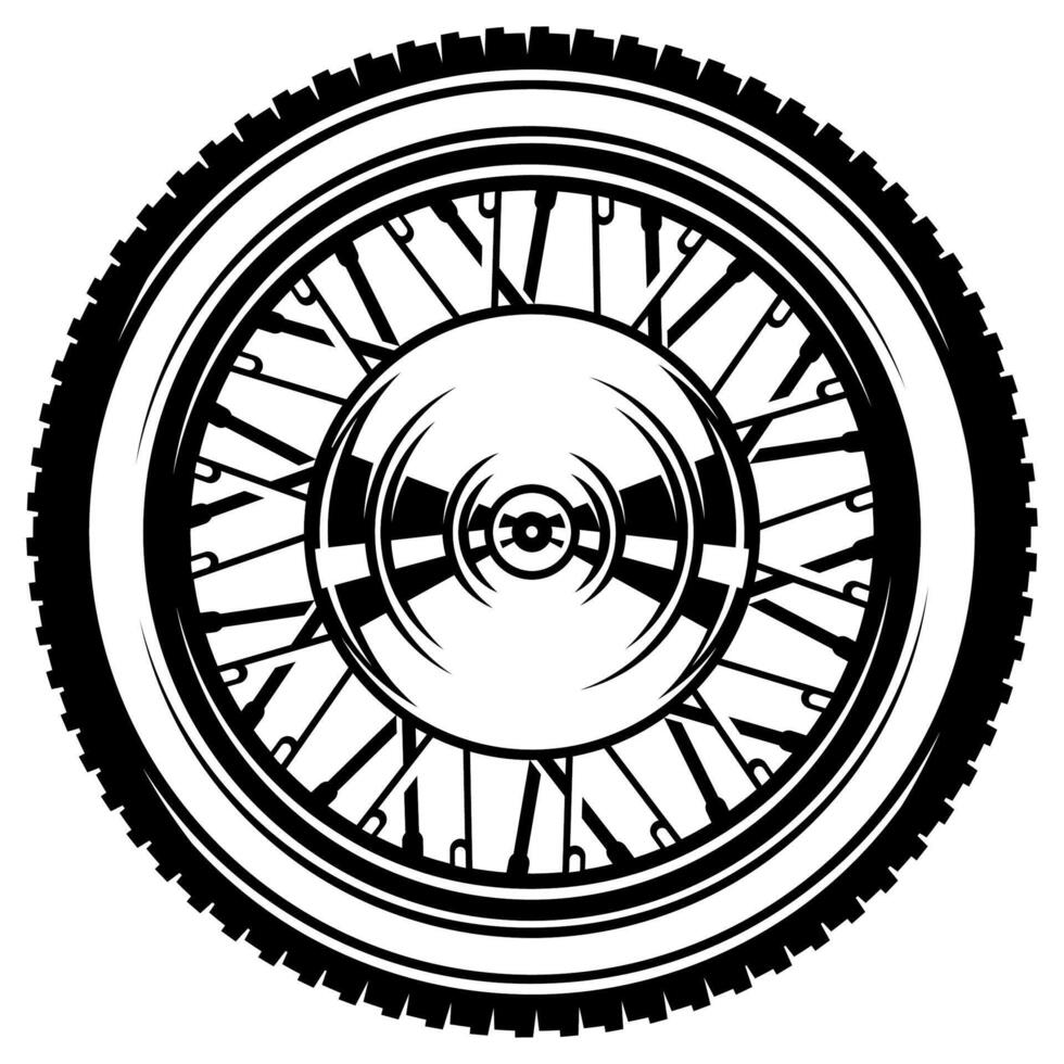 Black and White Motorcycle Wheel with Spokes and Tire Tread vector