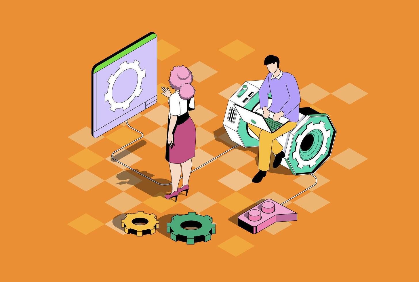 Development web concept in 3d isometric graphic design. Isometry people scene with developer team engineering project prototype with innovations, programming and coding at screen. illustration. vector