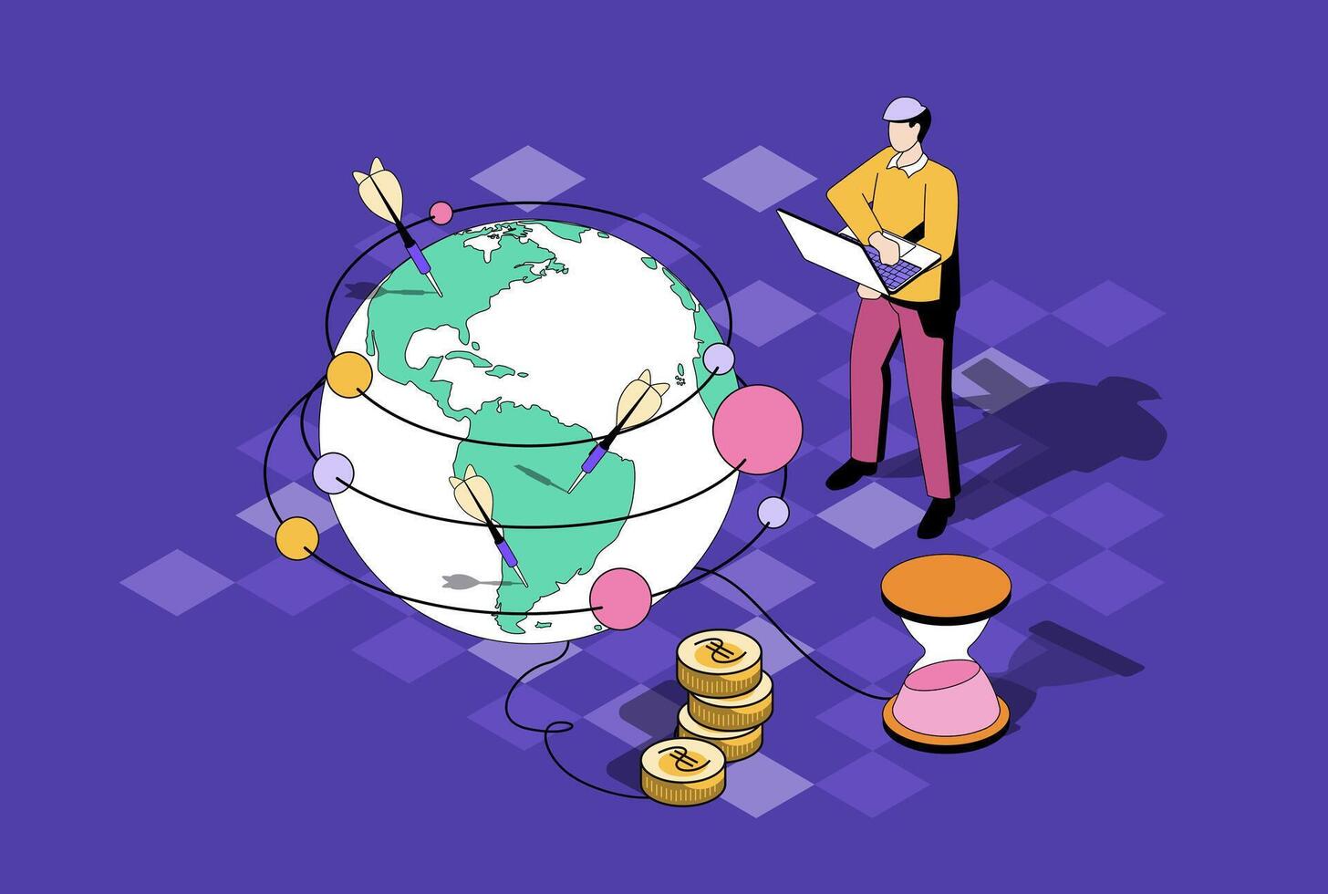 Global strategy web concept in 3d isometric graphic design. Isometry people scene with man developing worldwide business, planning company branches open and developing processes. illustration. vector
