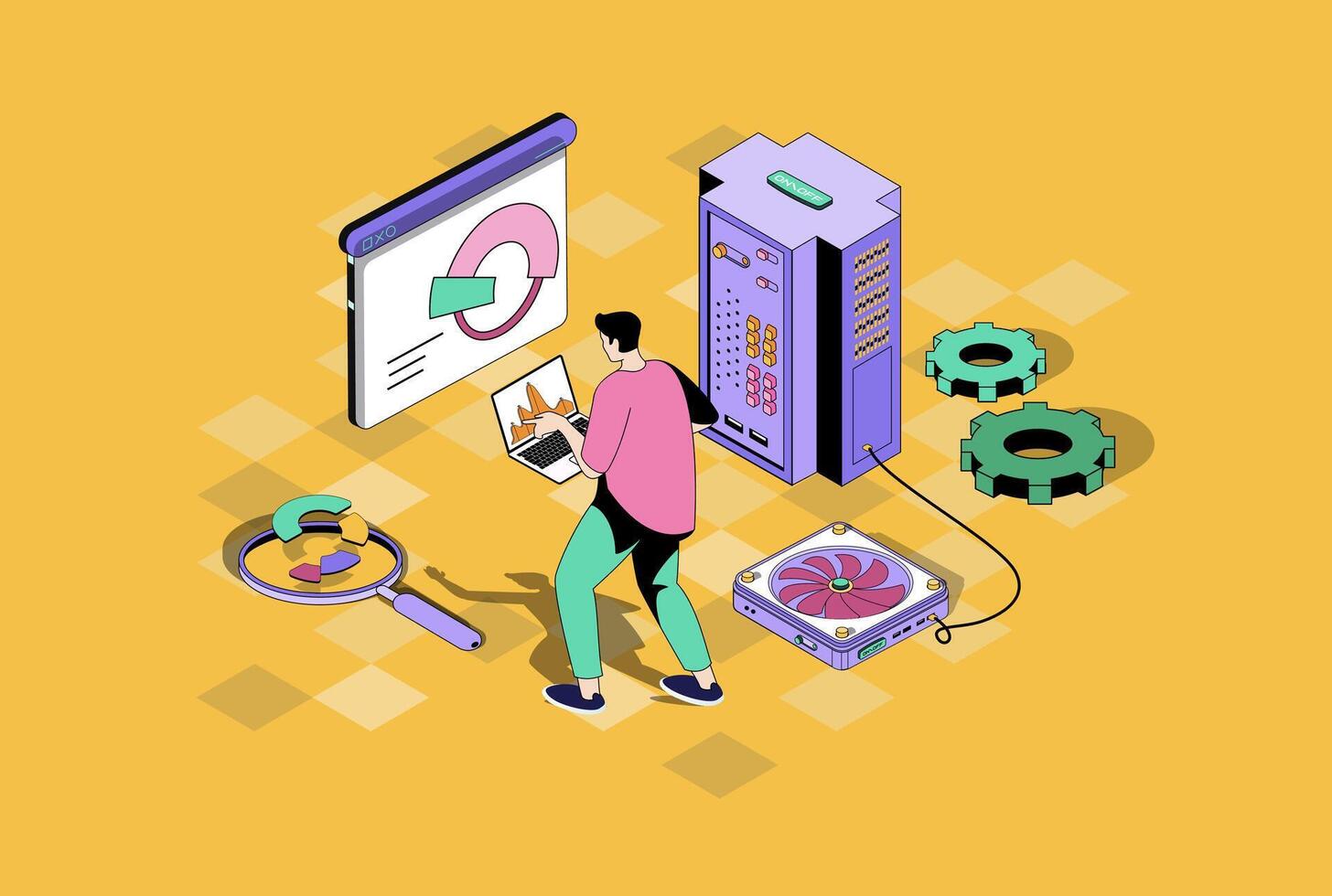 Seo optimization web concept in 3d isometric graphic design. Isometry people scene with man making data analysis, selecting keywords and optimizes site rating and traffic growth. illustration. vector