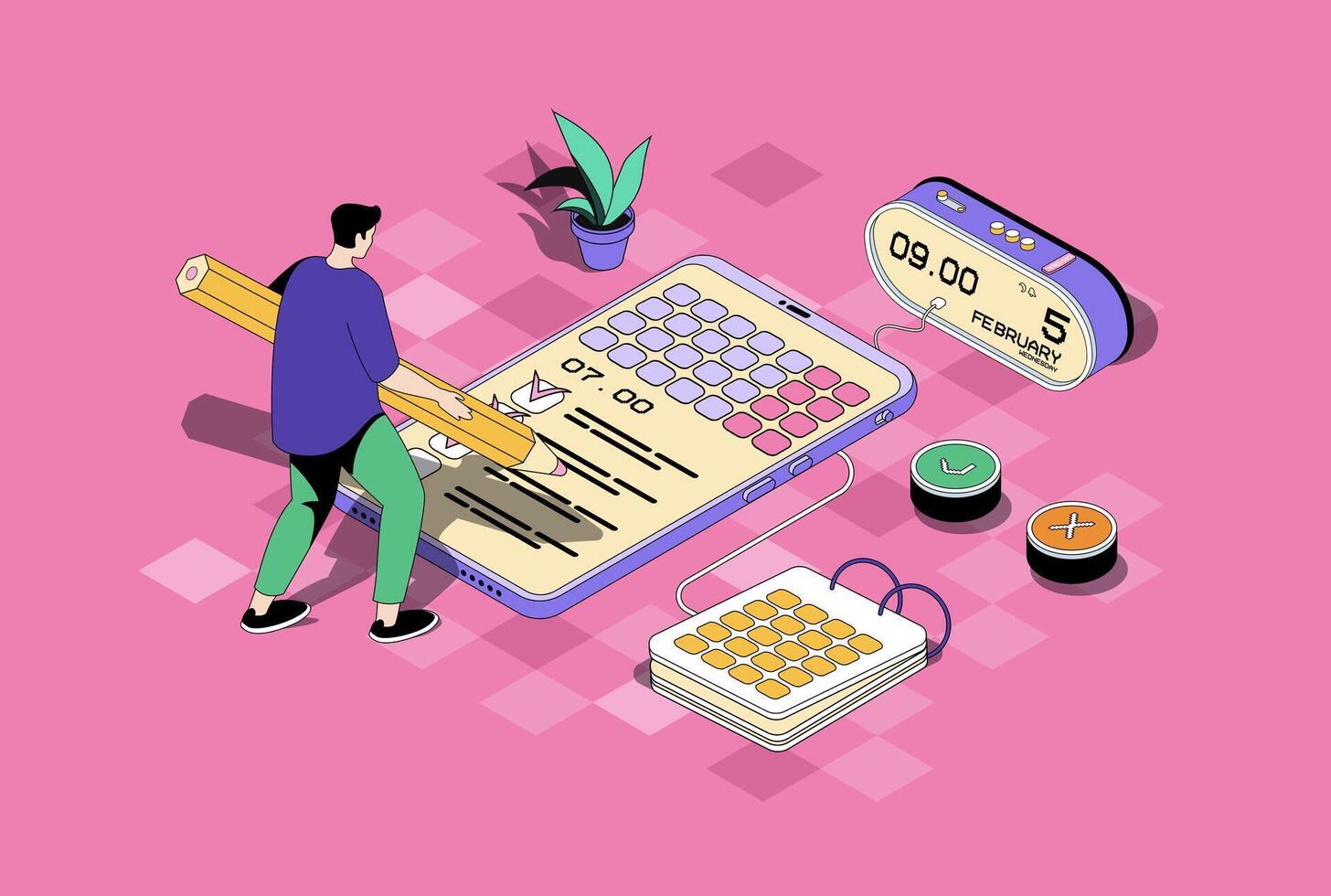 Planning web concept in 3d isometric graphic design. Isometry people scene with man managing time using mobile calendar, working with task list with deadline, reminders and notes. illustration. vector