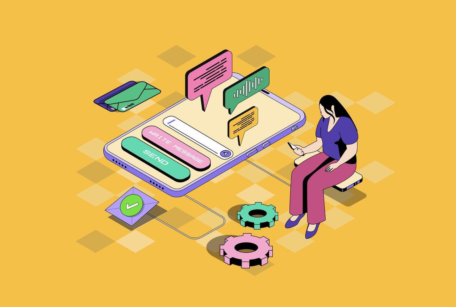 Messaging services web concept in 3d isometric graphic design. Isometry people scene with woman using mobile app for sending emails, chatting with friends, commenting online. illustration. vector
