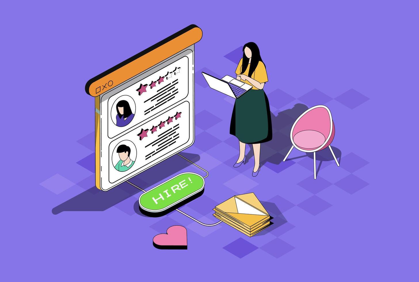 HR process web concept in 3d isometric graphic design. Isometry people scene with woman working as head hunter in company, choosing best candidate with online resume to interview. illustration. vector