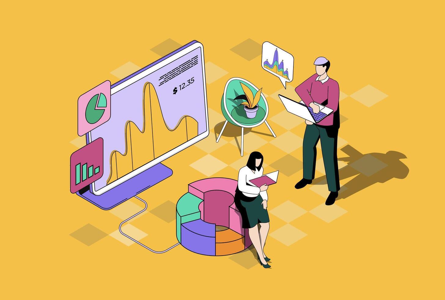 Business statistics web concept in 3d isometric graphic design. Isometry people scene with team analyzing stock market on diagrams, researching charts and graphs at screens. illustration. vector