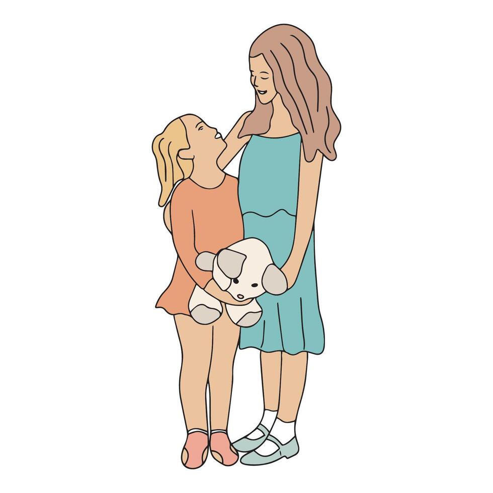 Two happy smiling sisters hugging each other. Hand drawn girls. Colored illustration in doodle style on white background. vector