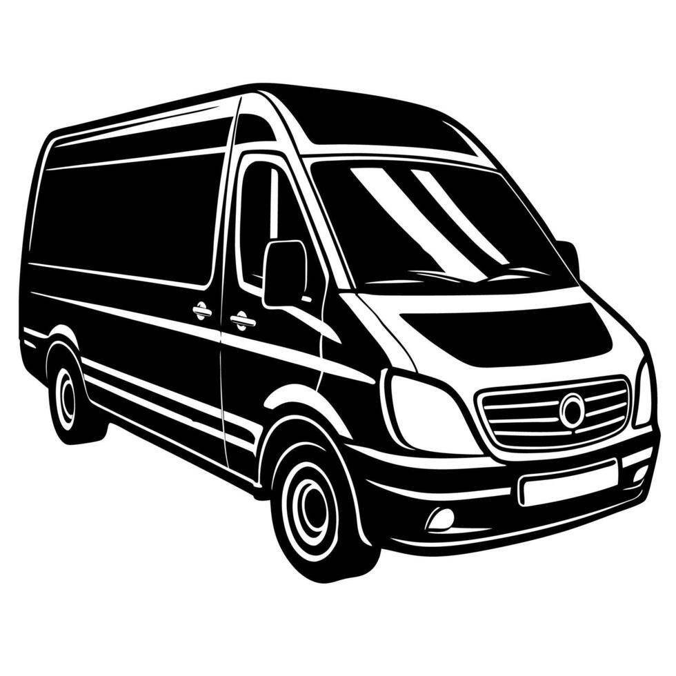 Detailed black and white image of a large commercial van vector