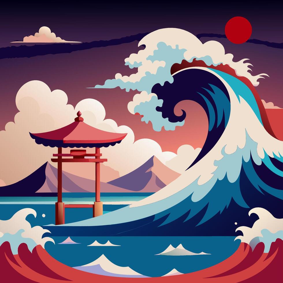 Beautiful Japanese Temple with Enormous Wave and Evening Sky vector