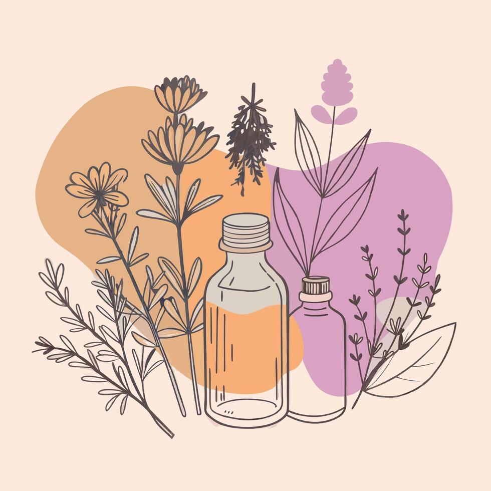 Hand-Drawn Bottles with Herbs and Flowers in Soft Pastel Colors vector