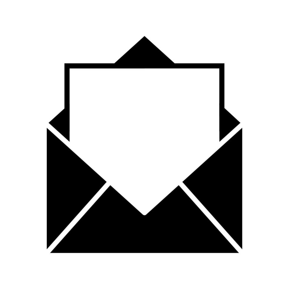 Black open empty email icon with blank letter inside. Mail envelope pictogram vector