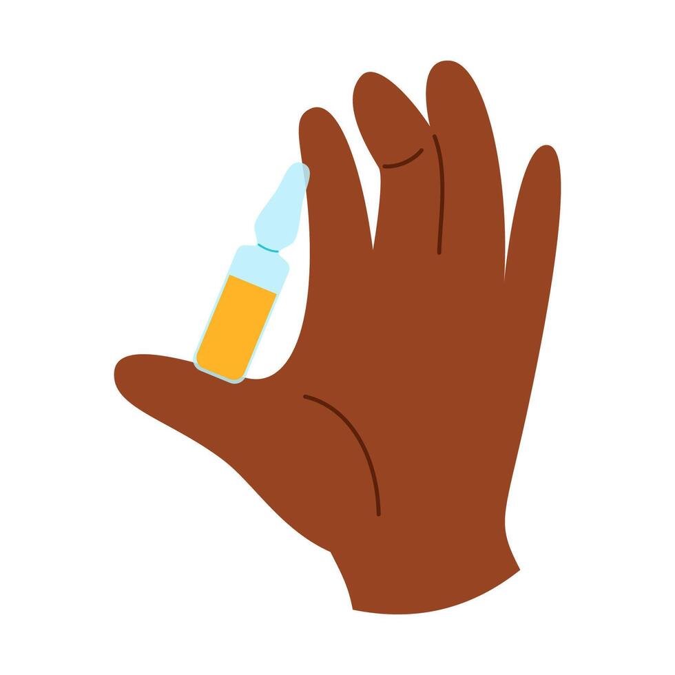 African american hand holding ampoule with liquid for injection. Medical procedure concept vector