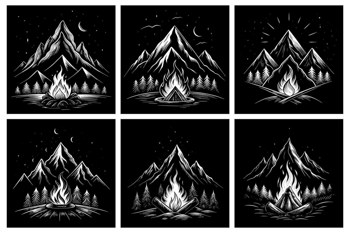 Stylish Black and White Logo Designs with Campfire Among Mountains and Trees vector