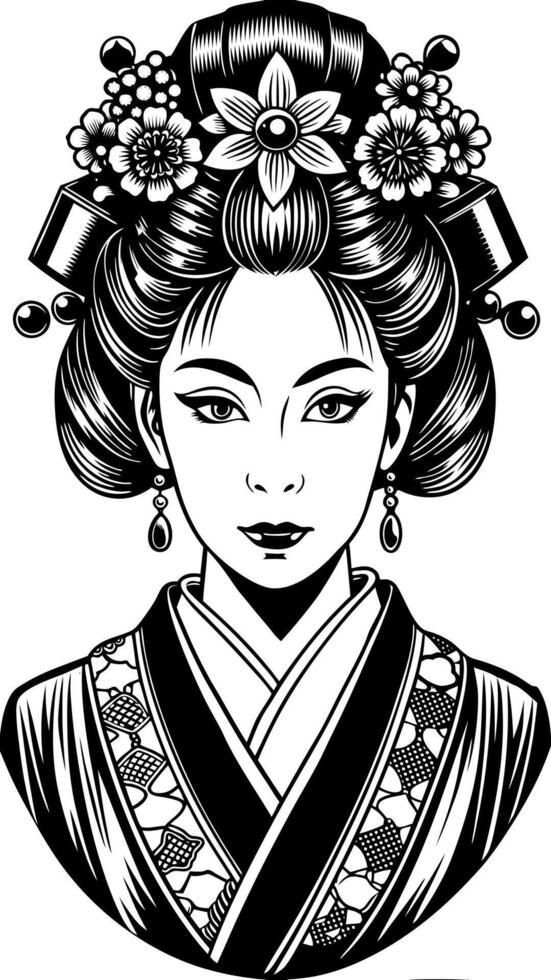 Beautiful Geisha in Elaborate Kimono and Hair Decorations Traditional Art vector