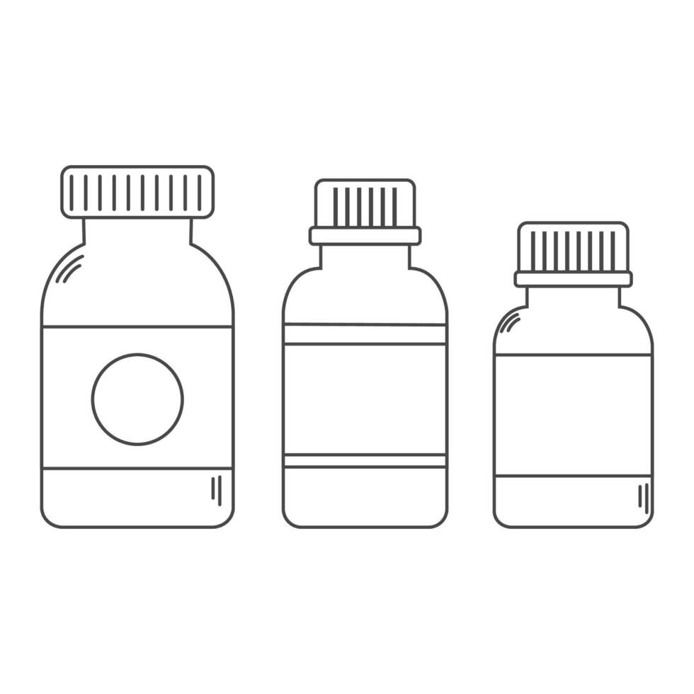 Set of line art pills bottles icons. Plastic containers for drugs. Editable stroke vector