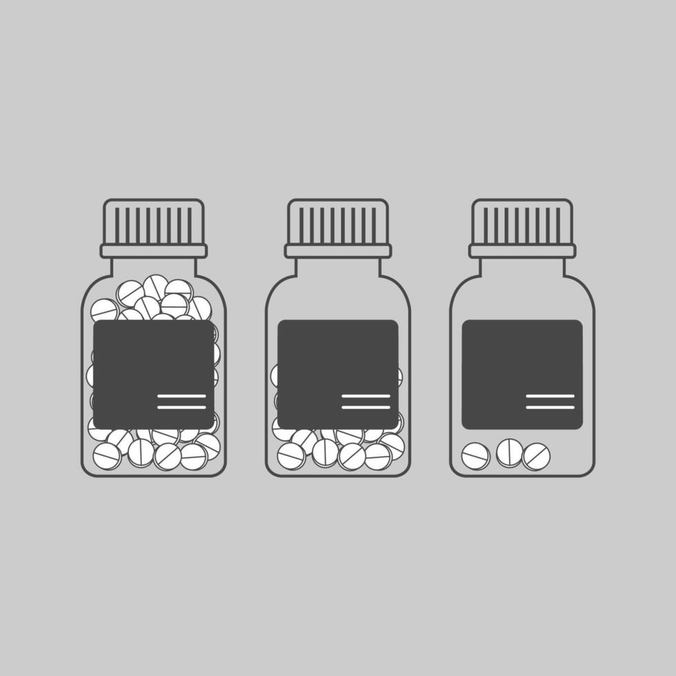 Set of transparent pill containers with varying levels of capsules. Linear pills bottle icon vector
