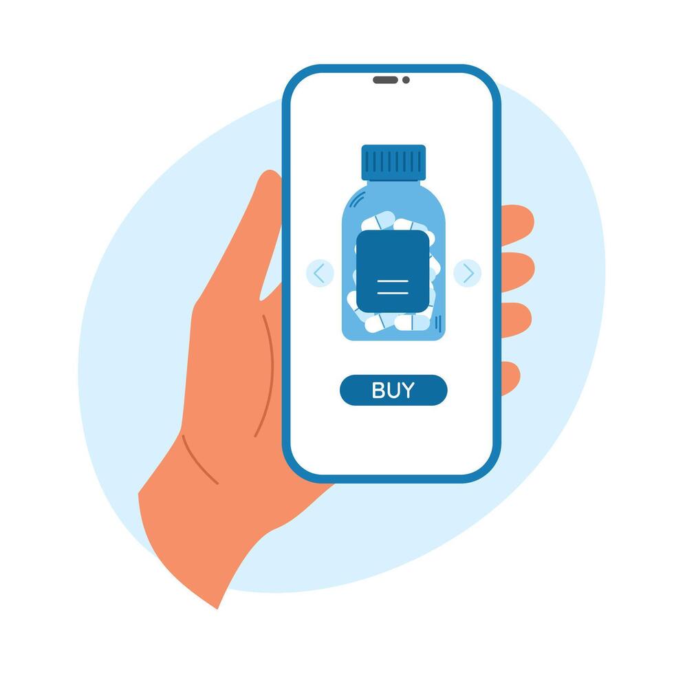 Buying medicine online using mobile app. Hand holding phone with medicine on screen vector