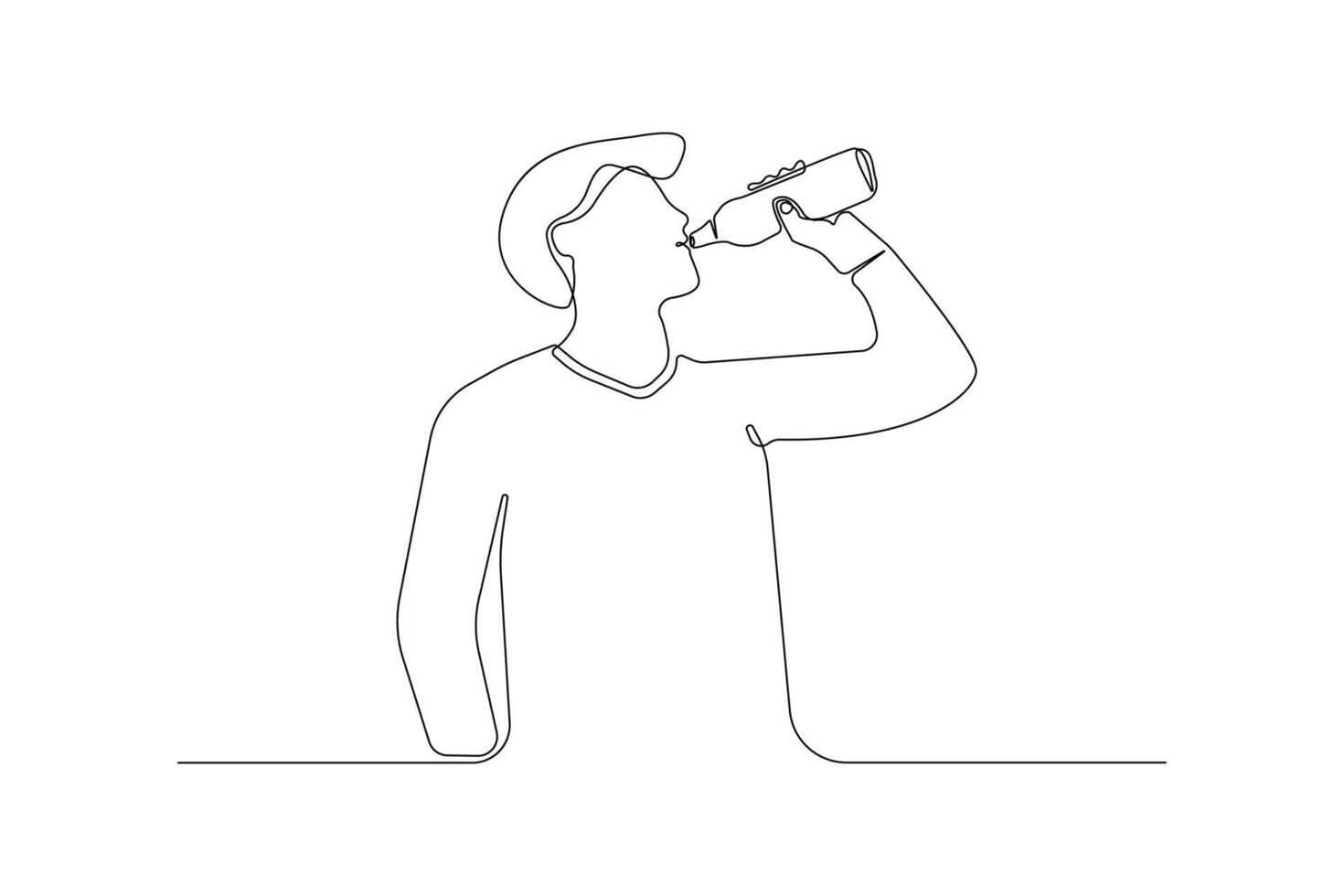 Man drinking water from bottle isolated line drawing. Drinking water concept hand-drawn illustration. vector