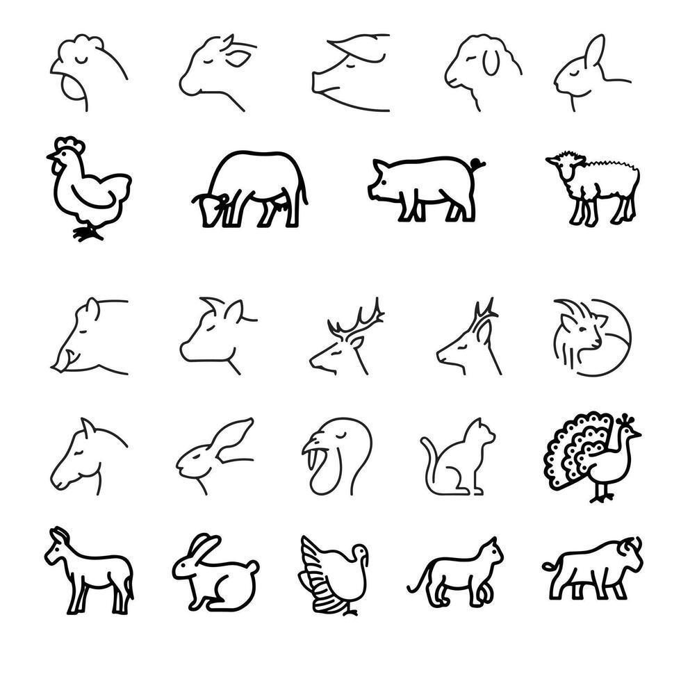 Farm and hunting animals, thin line icon set. Symbol collection in transparent background.Flaticon collection set. vector