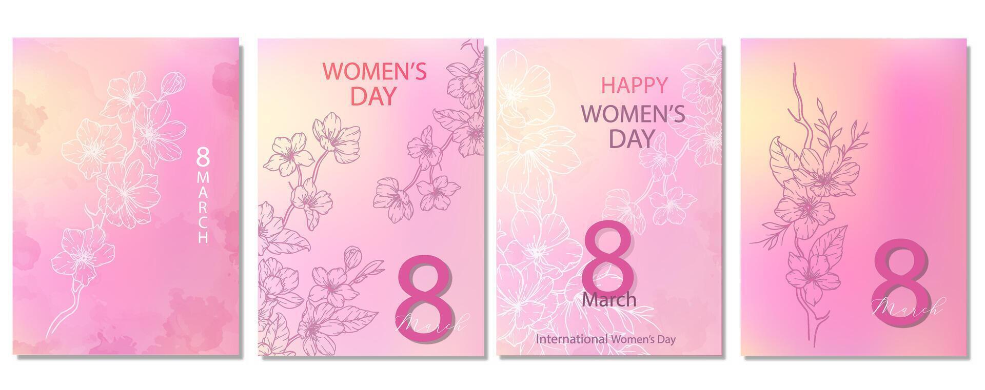 Women's Day Greeting Card template. Set of Floral Posters for 8th March. Flower design Womens Day Greeting Cards. Women Day background Templates with Floral Line Art. vector
