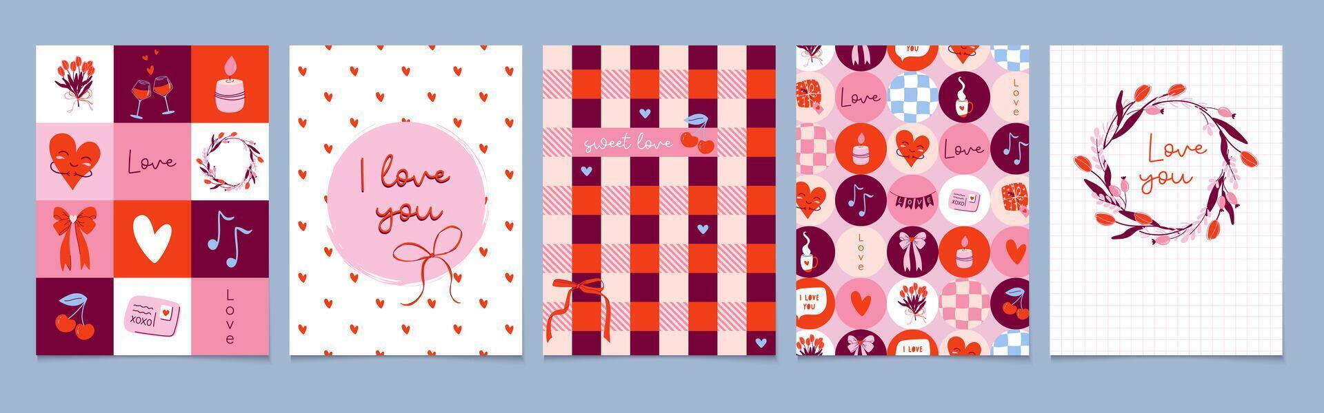 Happy Valentine's Day cards set. Romantic prints showcase messages of love. Modern abstract art design with cherry, hearts, bows, typography, perfect for any occasion. Hand drawn illustrations. vector