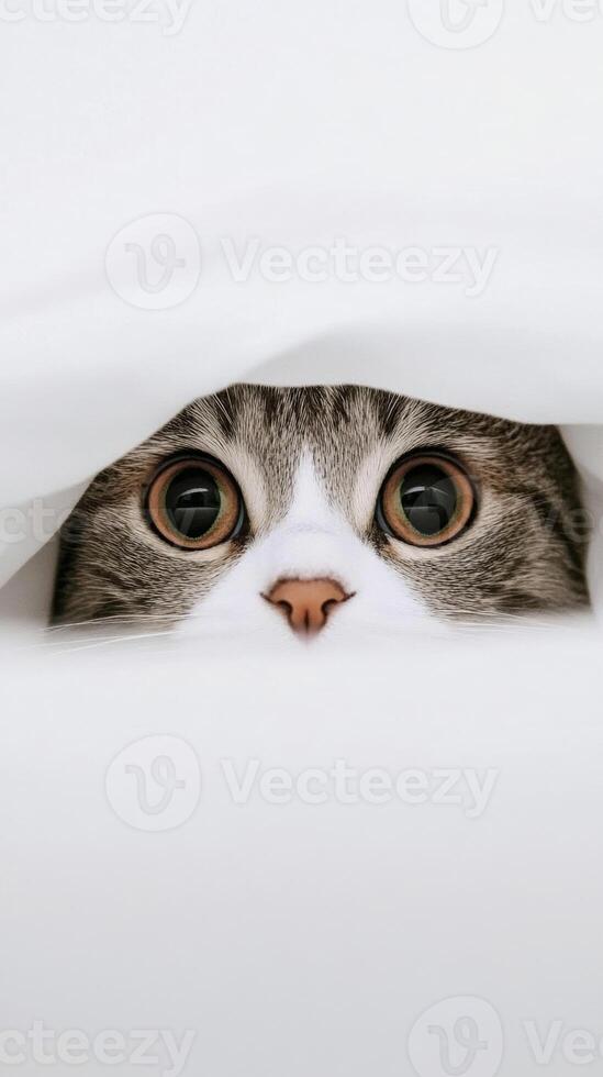 Curious cat peeking from under white blanket photo