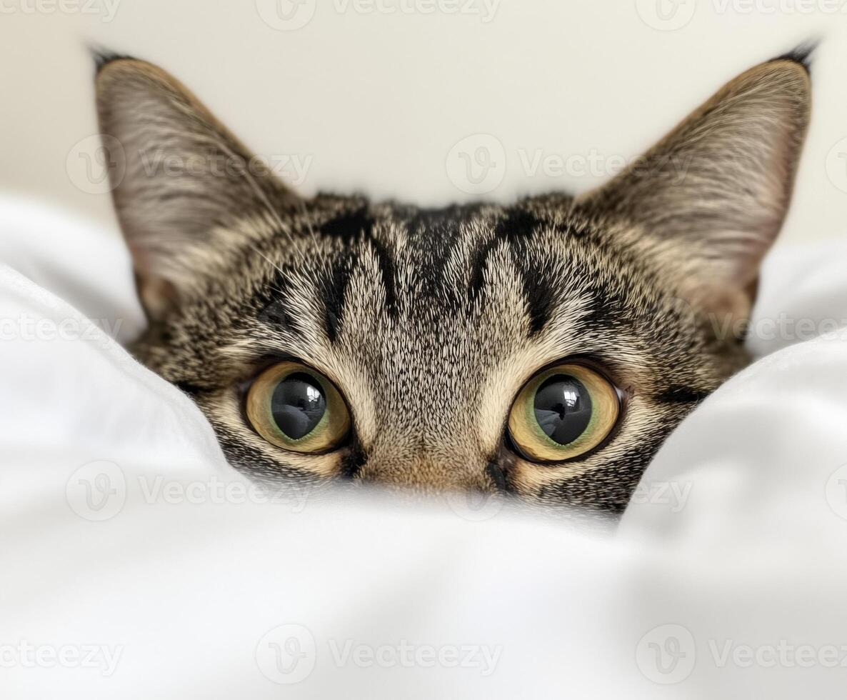 Curious cat peeking from under white bedding photo