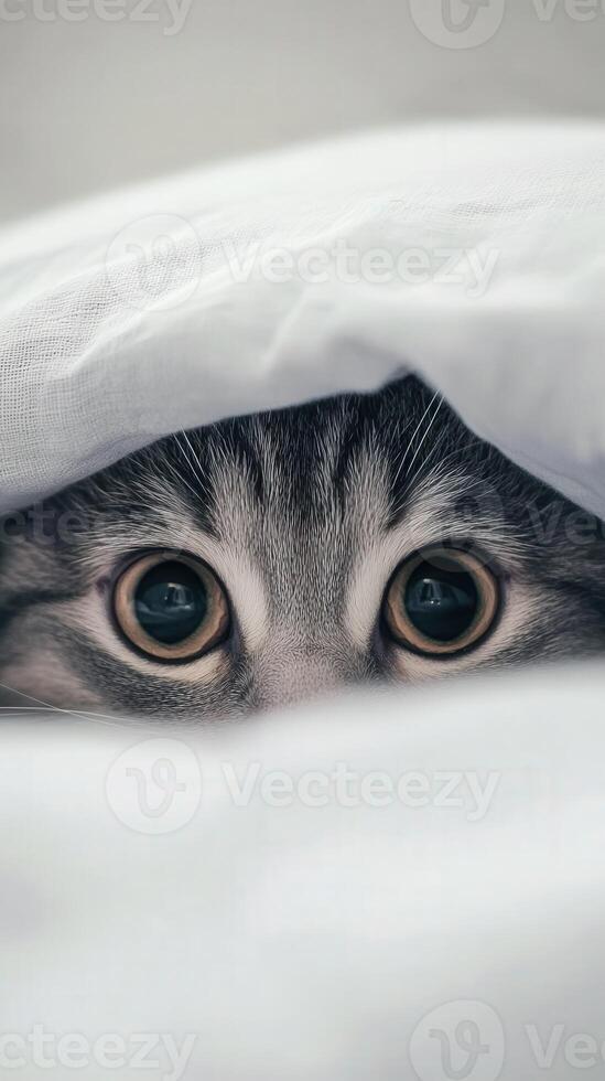 Curious cat peeking from under cozy blanket photo