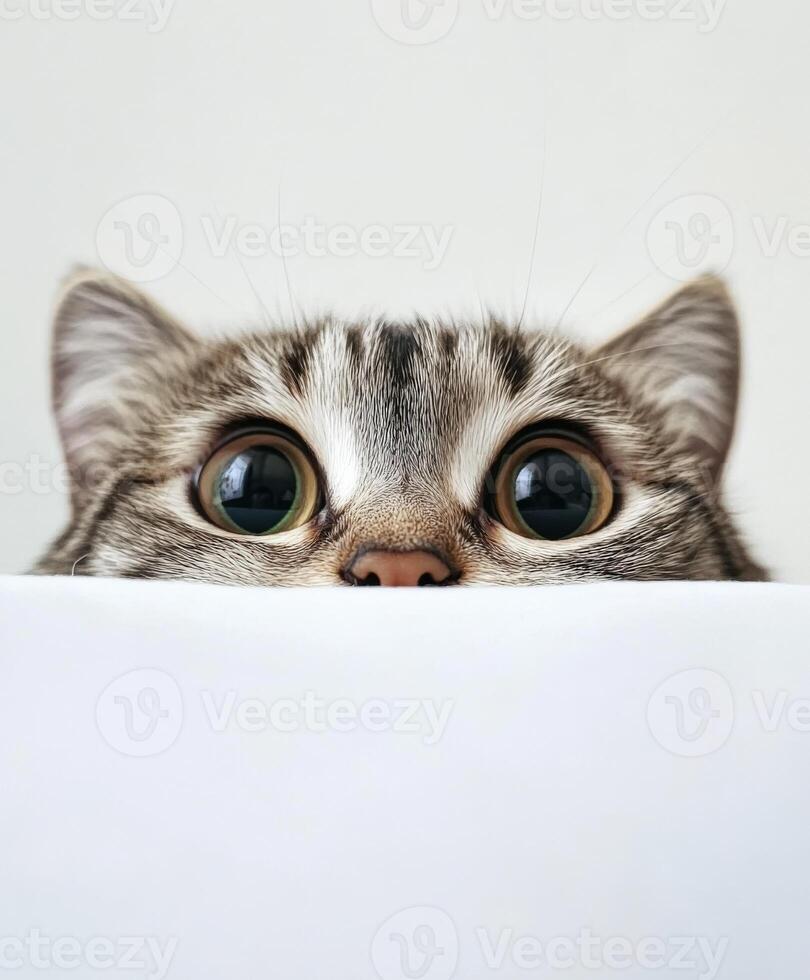 Curious cat peeks over a white surface in a bright room photo