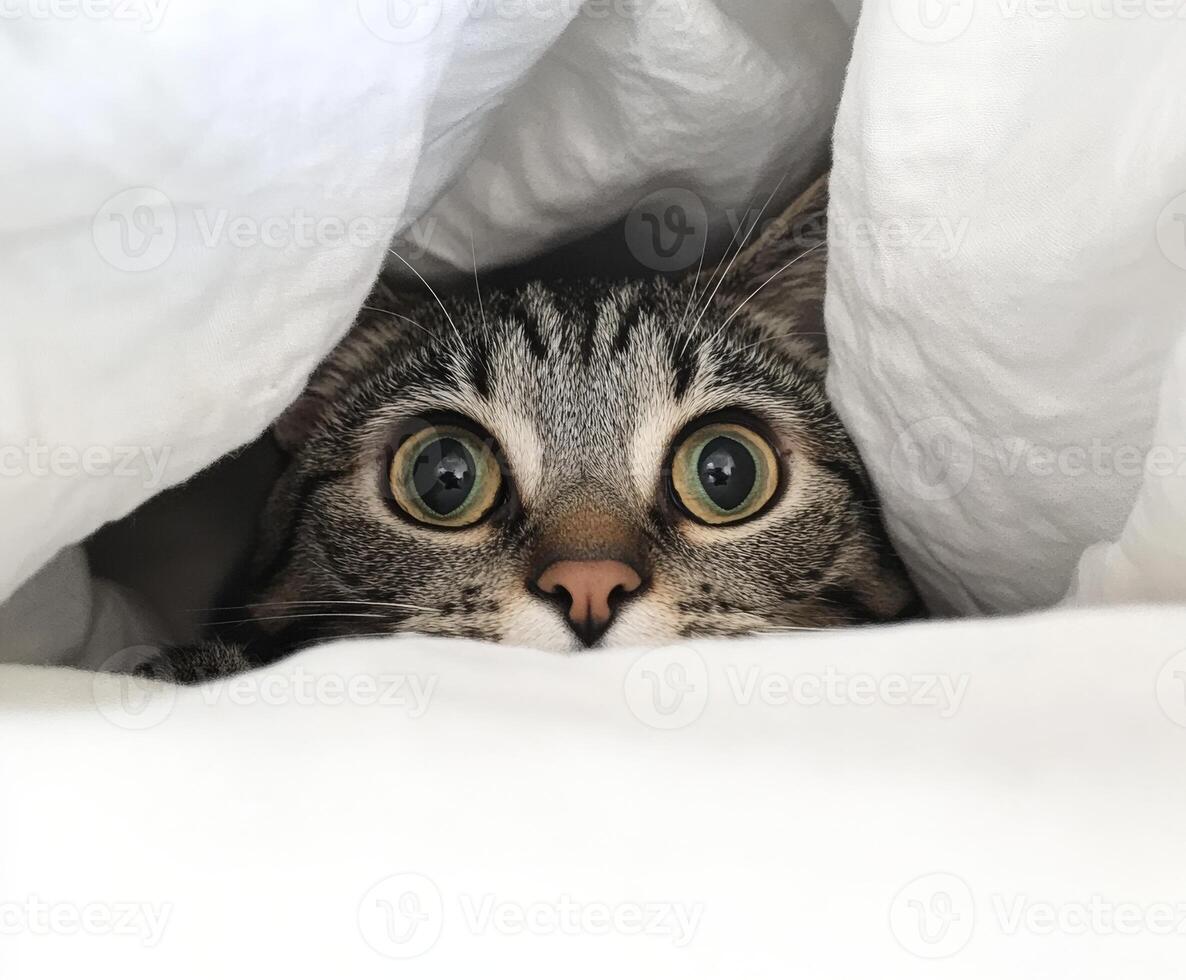 Cat peeking out from under blankets in a cozy setting photo