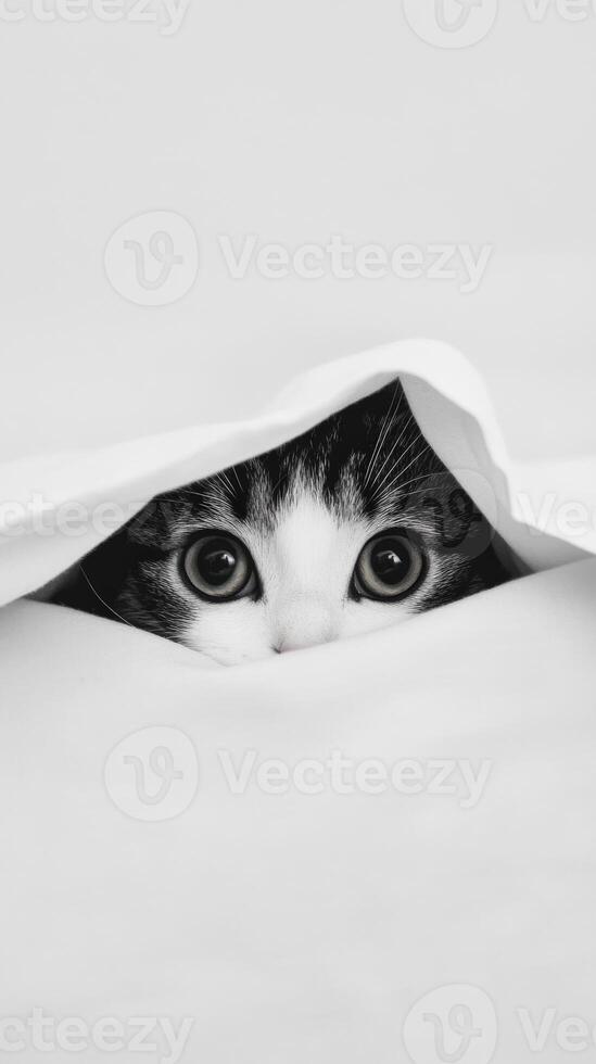 Cat peeking out from under a white blanket in a cozy space photo