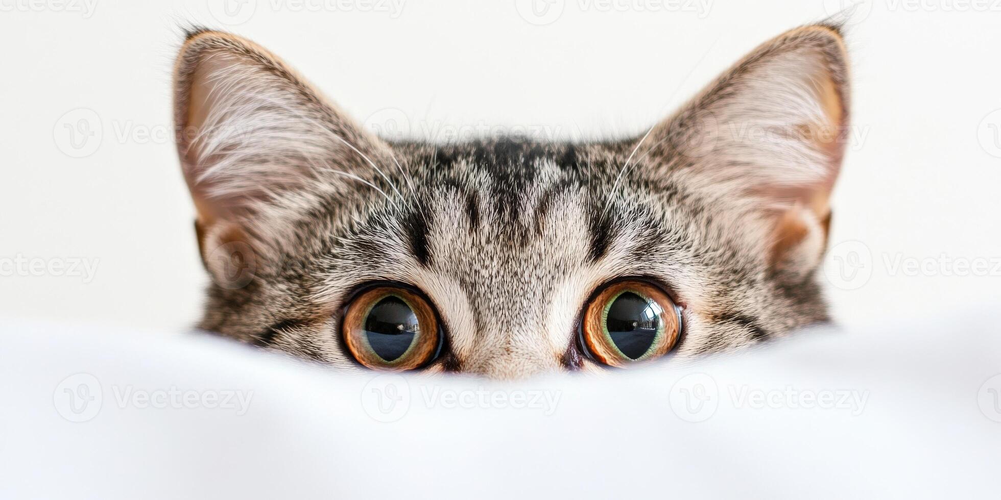 Curious cat peeks over a blanket in a cozy home setting photo
