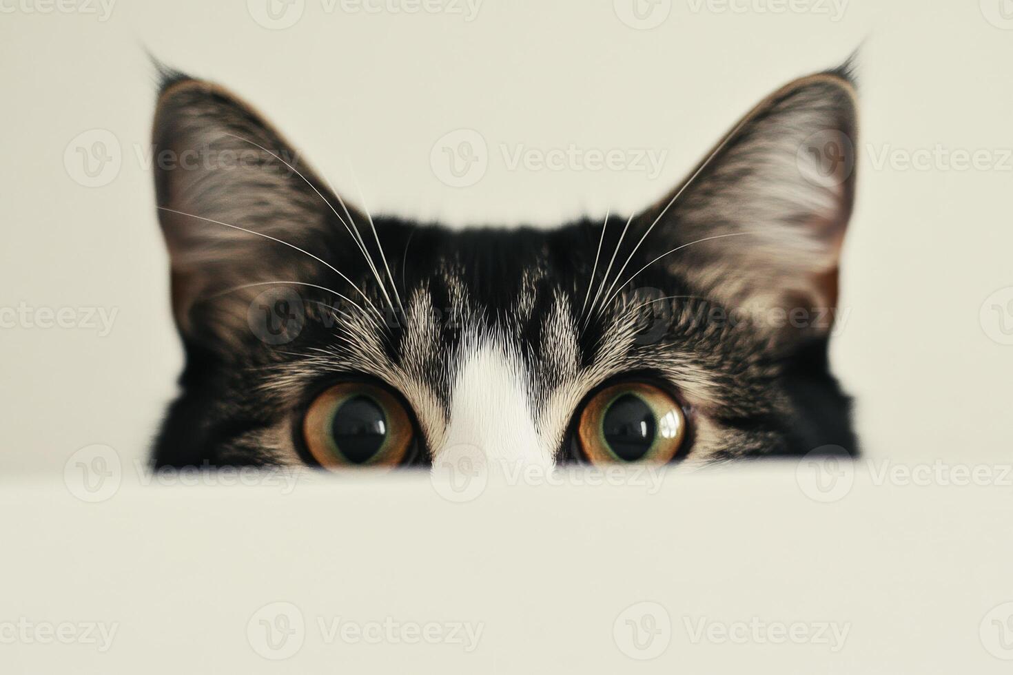 Curious cat peeking over a surface indoors photo