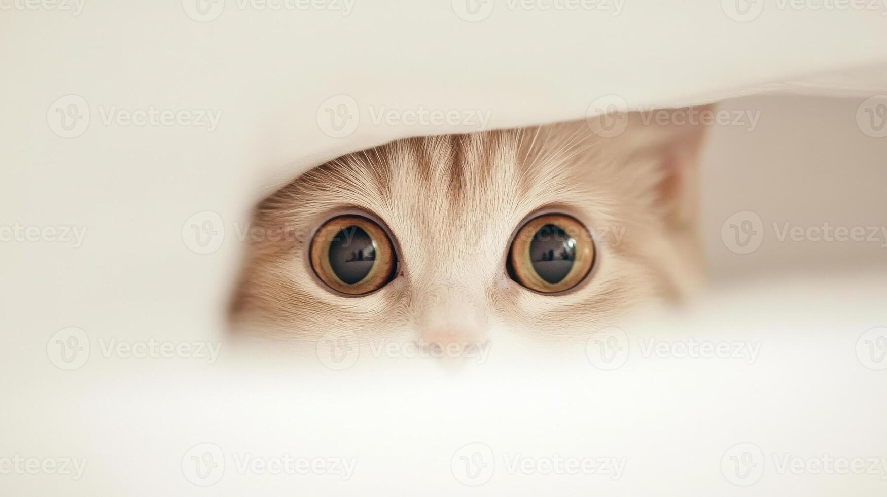 Curious kitten peeking from under a soft blanket photo