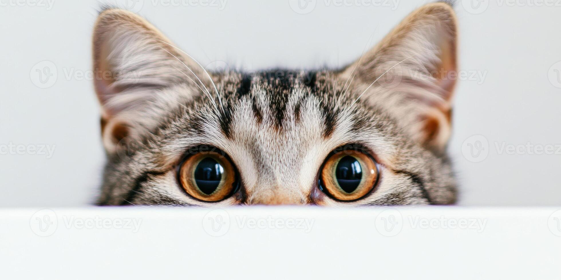 Curious tabby cat peeking from a countertop photo